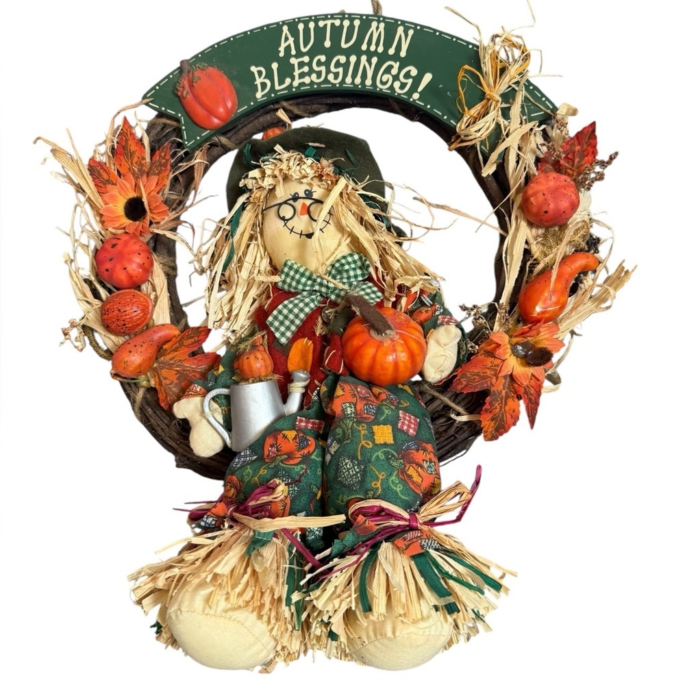 Autumn Blessings Scarecrow Wreath with Grapevine Base Fall Harvest Decor